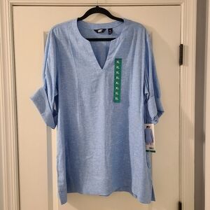 Lands’ End Blue Linen Split Neck 3/4 Sleeve Tunic Top Size XL NWT